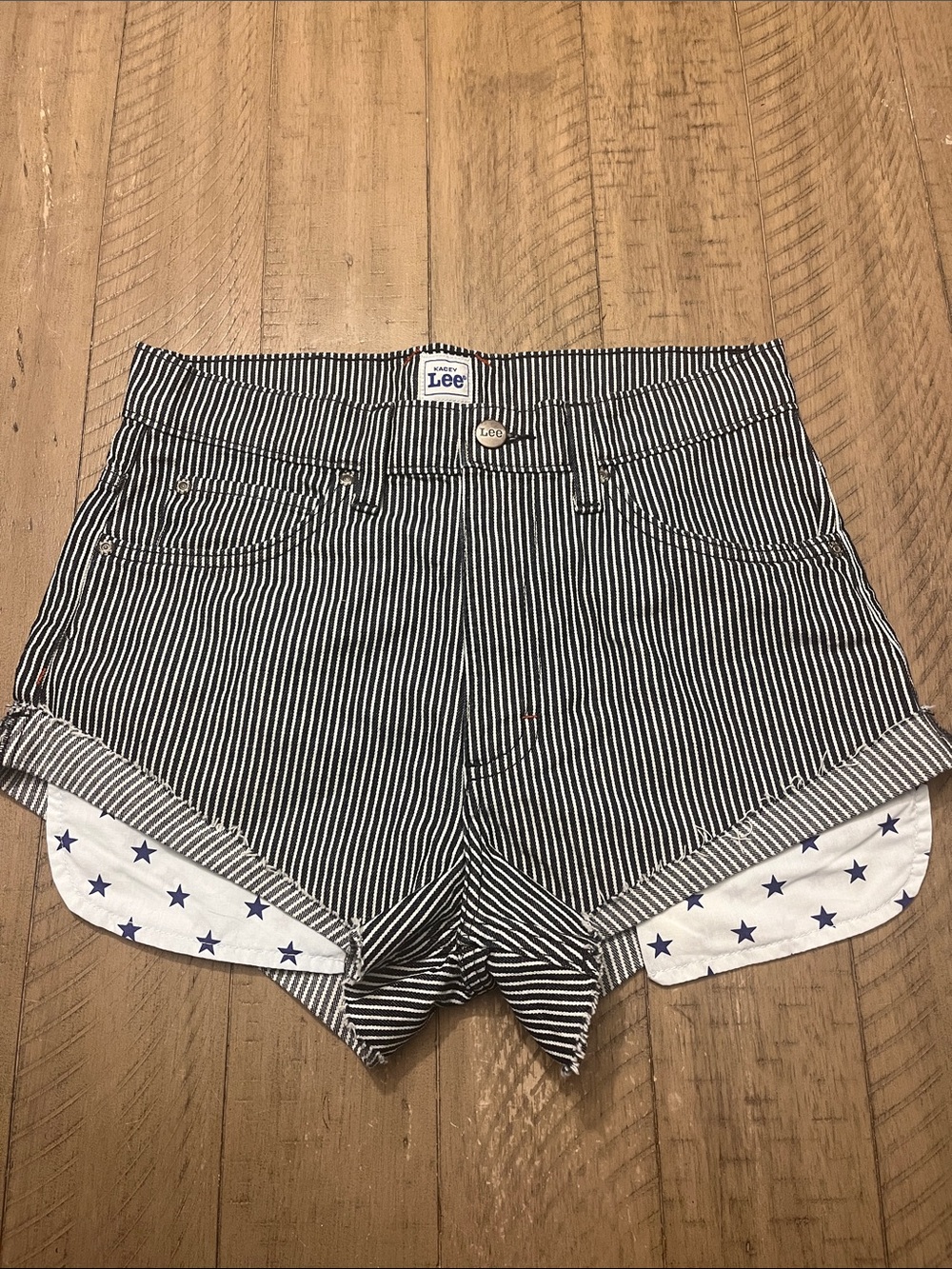 Lee Navy and White Striped Denim Shorts with Star Pockets